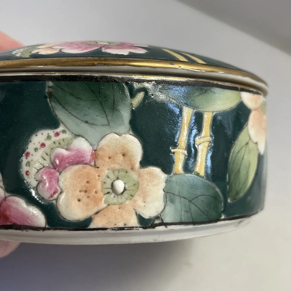 Vintage Chinoiserie Botanical Trinket Jewelry Box Lid‎ Porcelain Bamboo Stamped